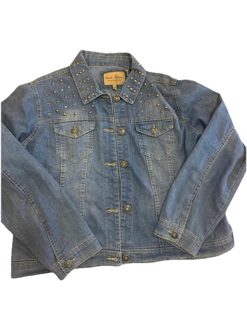 Last Kiss Studded Denim Jacket 1X Medium Wash Moto Style